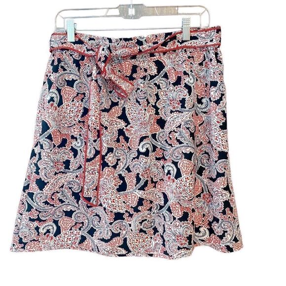 Ann Taylor Loft M Black Red Paisley Casual Weekend Waist Tie Side Pocket Skirt - Picture 1 of 5
